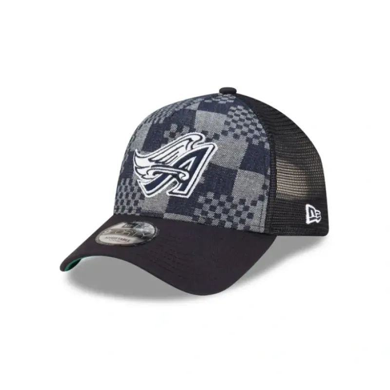 Outlet Los Angeles Angels Pattern Denim 9FORTY AFrame Trucker Hat - KTGCaps - Baseball caps for various teams, purchased online at a discount