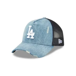 Best Sale Los Angeles Dodgers Distressed Denim 9FORTY AFrame Trucker Hat - KTGCaps - Baseball caps for various teams, purchased online at a discount