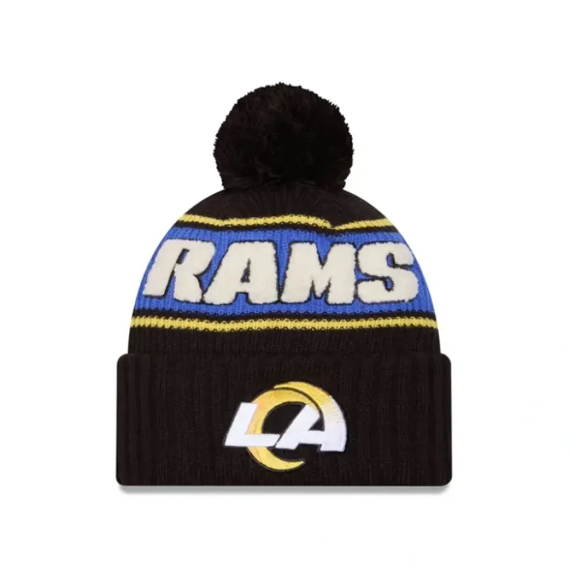 Fashion Los Angeles Rams 2024 Cold Weather Black Pom Knit Hat - KTGCaps - Baseball caps for various teams, purchased online at a discount