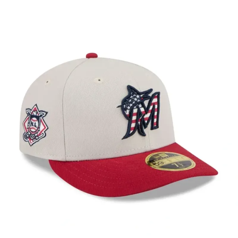 Clearance Miami Marlins Independence Day 2024 Low Profile 59FIFTY Fitted Hat - KTGCaps - Baseball caps for various teams, purchased online at a discount