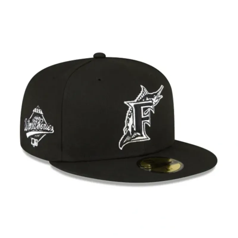 Outlet Miami Marlins Sidepatch Black 59FIFTY Fitted Hat - KTGCaps - Baseball caps for various teams, purchased online at a discount