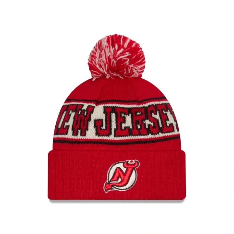 Outlet New Jersey Devils Retro Pom Knit Hat - KTGCaps - Baseball caps for various teams, purchased online at a discount
